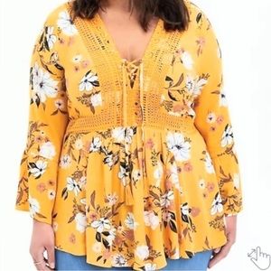 Mustard Babydoll Gauze Crochet Trim Lace-Up Top